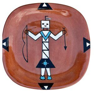 Native American Signed T. Hughes Ceramic Plate W/ Kachina Design  7 3/8" Dia.